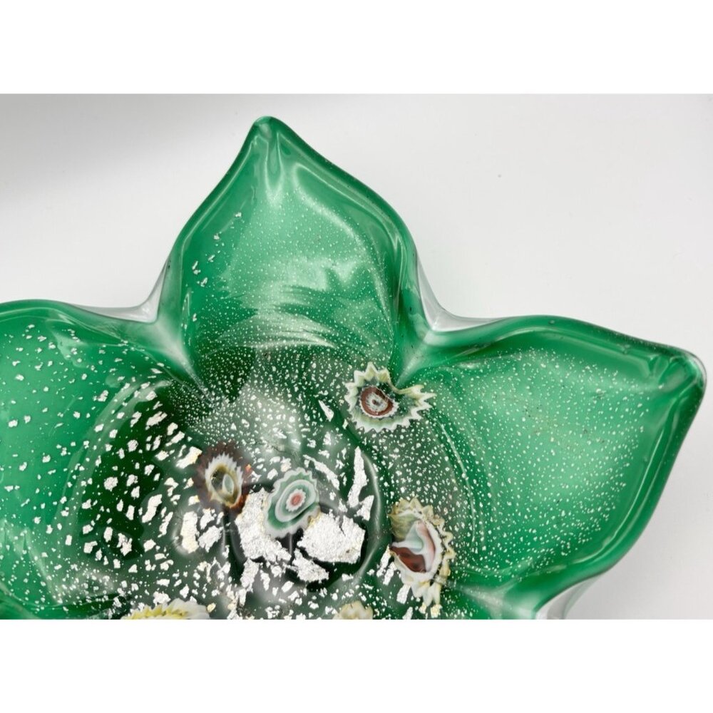 Vintage Fratelli Toso Murano Italy Green Glass w/ Millifiori Candy Dish Ashtray - Picture 7 of 7